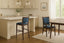 Hudson Bar Stool. Faux Leather Seat. Backrest in Blue fabric. Moisture resistant Seat. wipeable, comfortable, contemporary. 10 Year frame warranty
