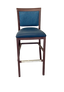 Hudson Bar Stool. Faux Leather Seat. Backrest in Blue fabric. Moisture resistant Seat. wipeable, comfortable, contemporary. 10 Year frame warranty