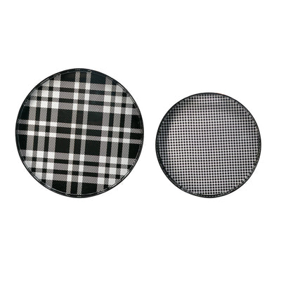 Set of 2 black and grey plaid motif round trays