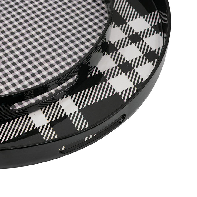 Set of 2 black and grey plaid motif round trays