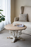 Whitewash Farmhouse Coffee Table (Flatpacked) with Aged Plywood round top easy assembly.â€‚Bolts incl.
