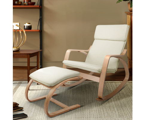 Artiss Rocking Armchair Bentwood Frame With Foot Stool Beige