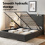 Queen Bed Frame Gas Lift Storage Bed with Charging Ports Upholstered Geometric Headboard Charcoal Grey