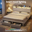 King Upholstered Bed Frame with Shelf Storage Drawers Charging Station Mood Lighting Linen