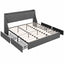 King Bed Frame with 4 Storage Drawers and Charging Station Tufted Wingback Headboard 300kg Loads Charcoal Grey
