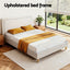Queen Bed Frame Platform Bed Base Upholstered Headboard Linen Fabric Beige