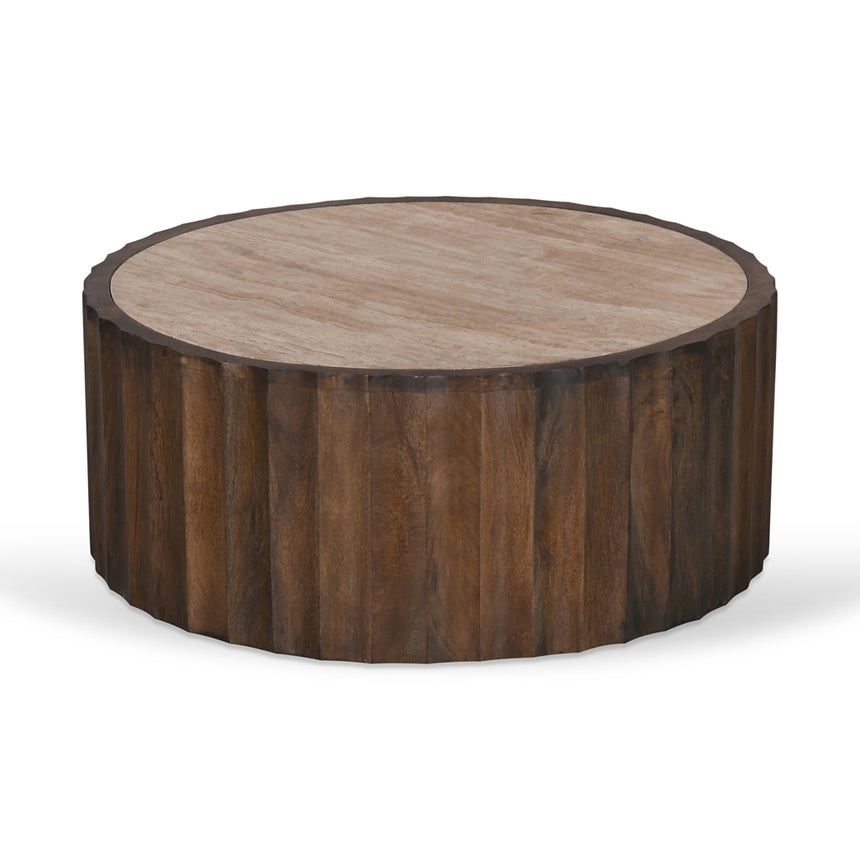 89cm Travertine Top Round Coffee Table - Walnut