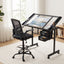 Drawing Table with Ergonomic Office Chair, Drafting Tables with Tempered Glass Desktop, Removable Drawers, Drafting Stool with Height Adjustable for Artwork Painting Studio