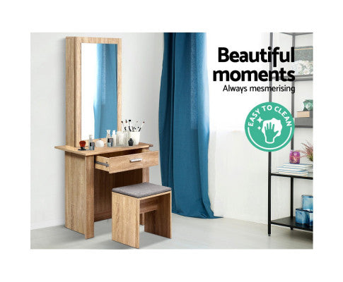 Artiss Dressing Table Stool Set Sliding Mirror Oak Demi