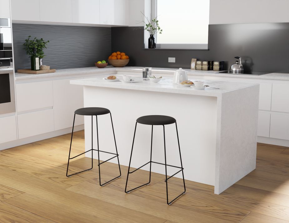 Hugo Bar Stool - Black - Fabric Seat - 67cm Kitchen Height - Light Grey Fabric Seat