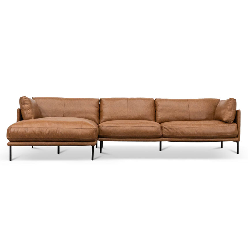 4 Seater Left Chaise Leather Sofa - Caramel Brown