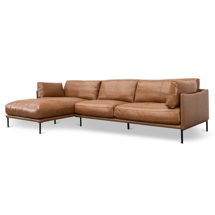 4 Seater Left Chaise Leather Sofa - Caramel Brown