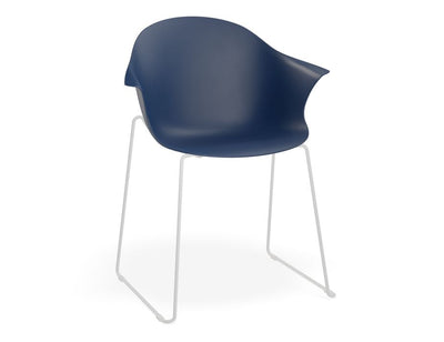 Pebble Armchair Navy Blue with Shell Seat - Sled Base with White Legs