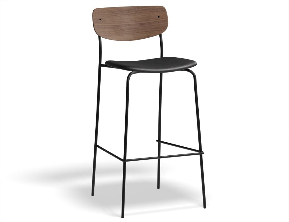 Rylie Stool - Padded Seat with Walnut Backrest - 75cm Bar Height - Black Vegan Leather Seat