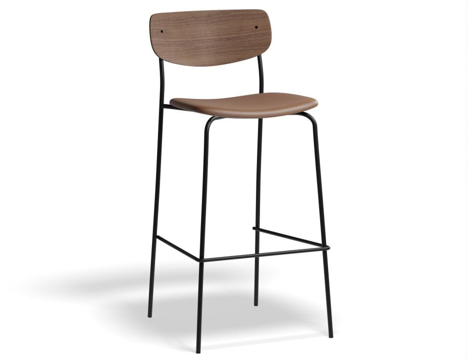 Rylie Stool - Padded Seat with Walnut Backrest - 65cm Kitchen Height - Tan Vegan Leather Seat