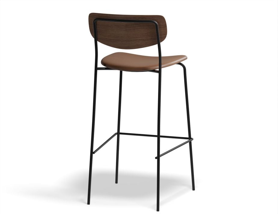 Rylie Stool - Padded Seat with Walnut Backrest - 75cm Bar Height - Black Vegan Leather Seat