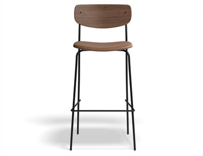 Rylie Stool - Padded Seat with Walnut Backrest - 75cm Bar Height - Grey Vegan Leather Seat