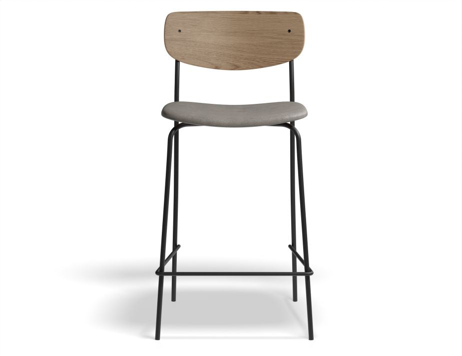 Rylie Stool - Padded Seat with Natural Backrest - 65cm Kitchen Height - Grey Vegan Leather Seat