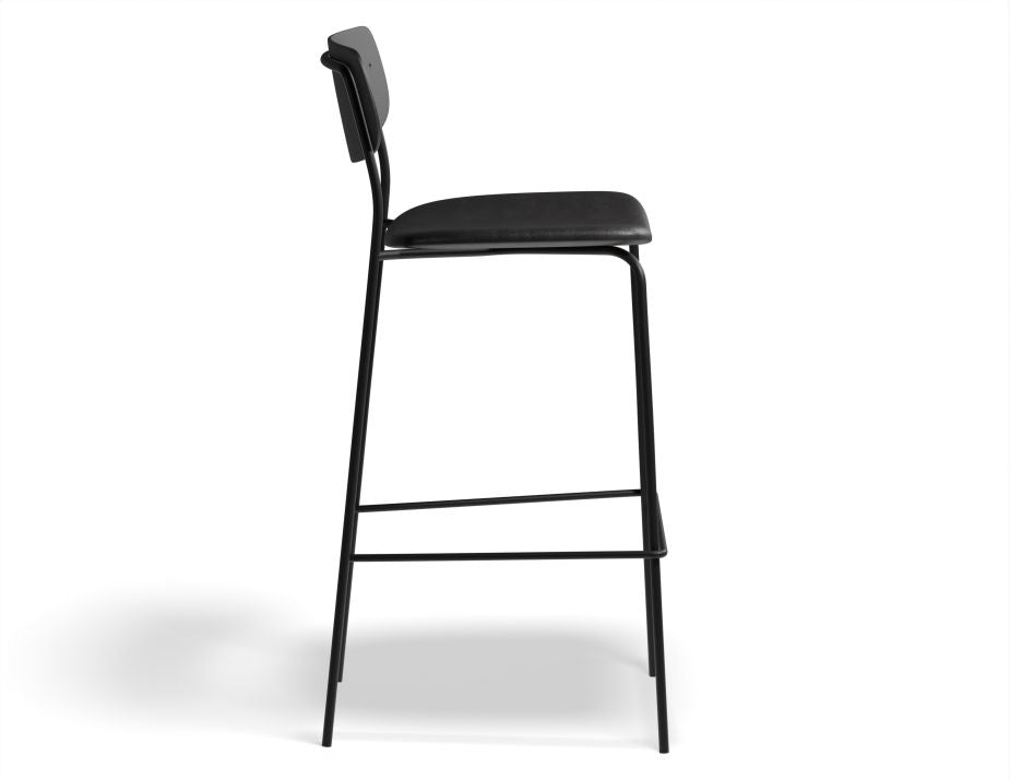 Rylie Stool - Padded Seat with Black Backrest - 65cm Kitchen Height - Black Vegan Leather Seat