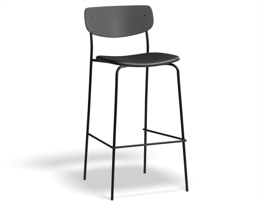 Rylie Stool - Padded Seat with Black Backrest - 65cm Kitchen Height - Grey Vegan Leather Seat