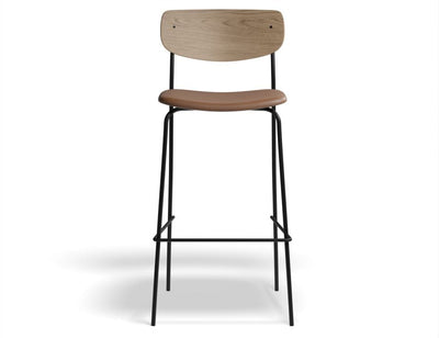 Rylie Stool - Padded Seat with Natural Backrest - 65cm Kitchen Height - Grey Vegan Leather Seat