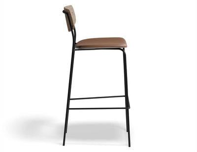 Rylie Stool - Padded Seat with Natural Backrest - 65cm Kitchen Height - Tan Vegan Leather Seat