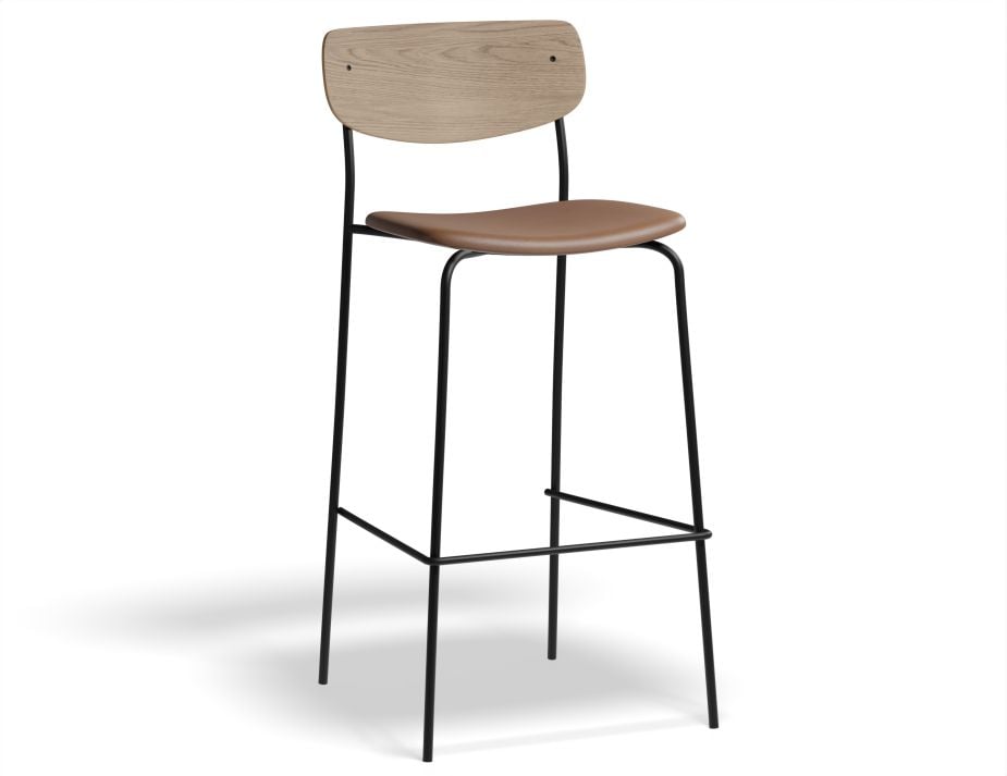 Rylie Stool - Padded Seat with Natural Backrest - 65cm Kitchen Height - Black Vegan Leather Seat