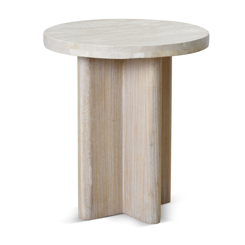 Travertine Marble Round Side Table - White Wash