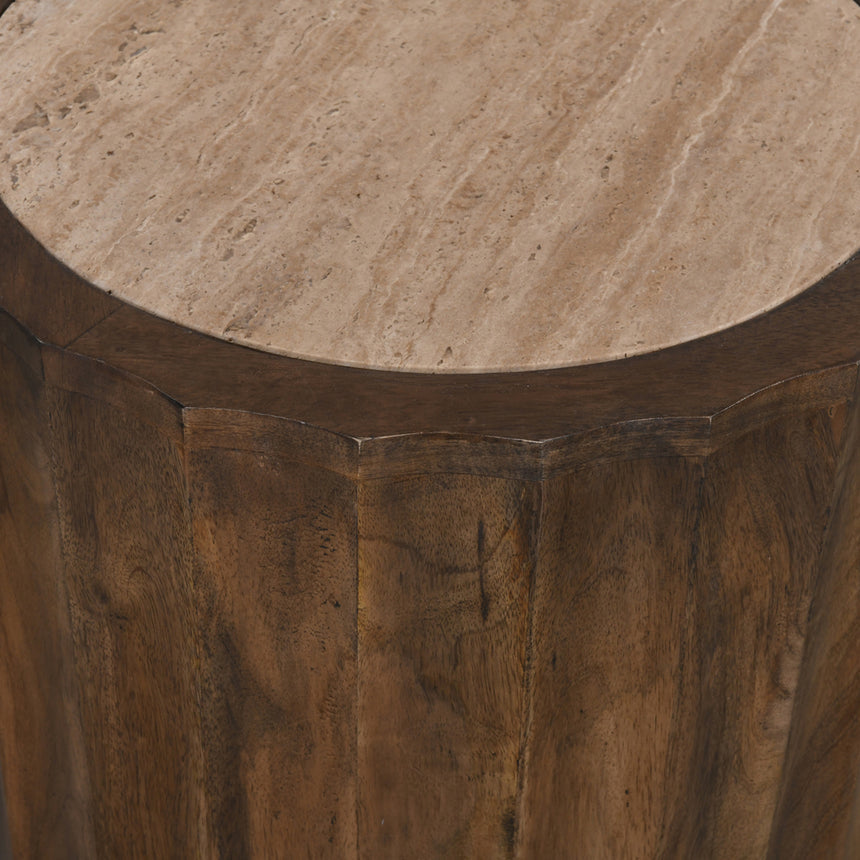 45cm Travertine Top Round Side Table - Walnut