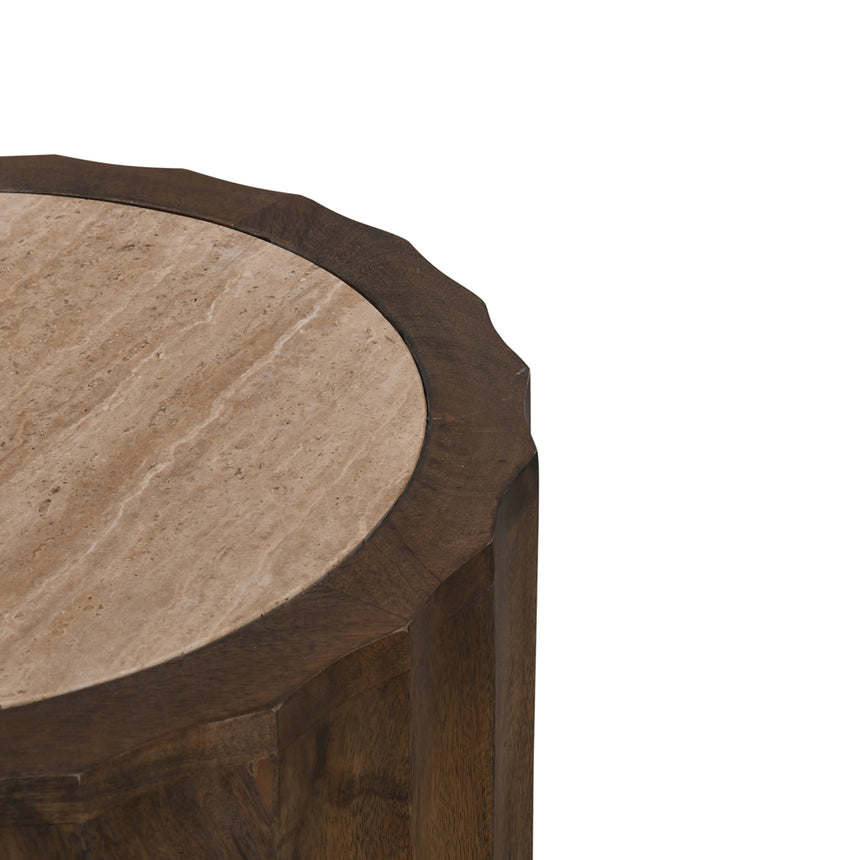 45cm Travertine Top Round Side Table - Walnut