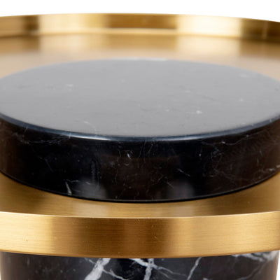 40cm Round Brushed Gold Side Table - Black Marble