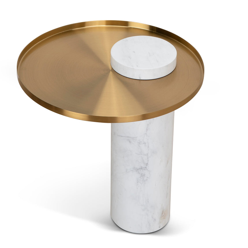 40cm Round Brushed Gold Side Table - Carrara Marble