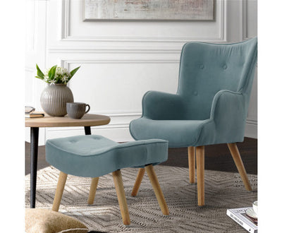 Artiss Armchair Set with Ottoman Blue Lansar