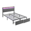Double Bed Frame with 2 Storage Drawers and LED Lights Headboard, Upholstered Bed Frame with Charging Station, No Box Spring Needed, Easy Assembly - Grey