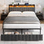 King Bed Frame with 2 Storage Drawers and LED Lights Headboard, Upholstered Bed Frame with Charging Station, No Box Spring Needed, Easy Assembly - Grey
