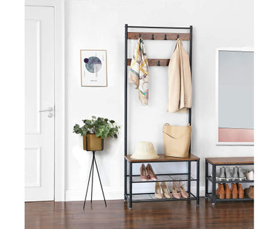 Rustic Brown Coat Rack Stand with Hallway Shoe Rack and Bench with Shelves Matte Metal Frame Height 175 cm