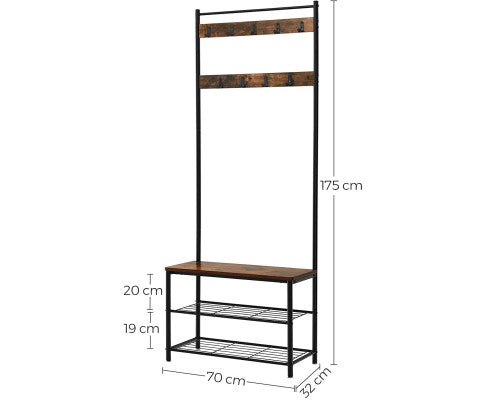 Rustic Brown Coat Rack Stand with Hallway Shoe Rack and Bench with Shelves Matte Metal Frame Height 175 cm