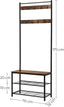 Rustic Brown Coat Rack Stand with Hallway Shoe Rack and Bench with Shelves Matte Metal Frame Height 175 cm