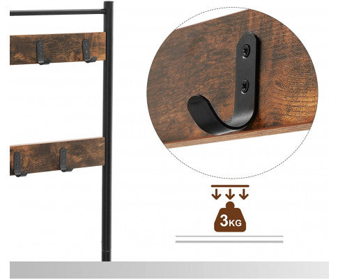 Rustic Brown Coat Rack Stand with Hallway Shoe Rack and Bench with Shelves Matte Metal Frame Height 175 cm