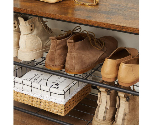 Rustic Brown Coat Rack Stand with Hallway Shoe Rack and Bench with Shelves Matte Metal Frame Height 175 cm