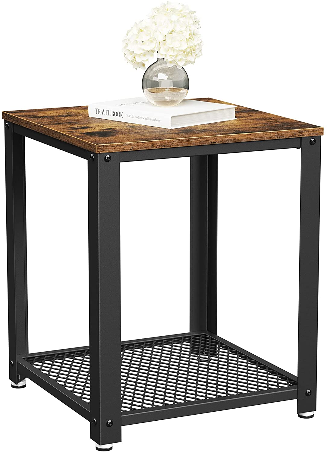 2-Tier Side Table with Storage Shelf with Metal Frame Rustic Brown