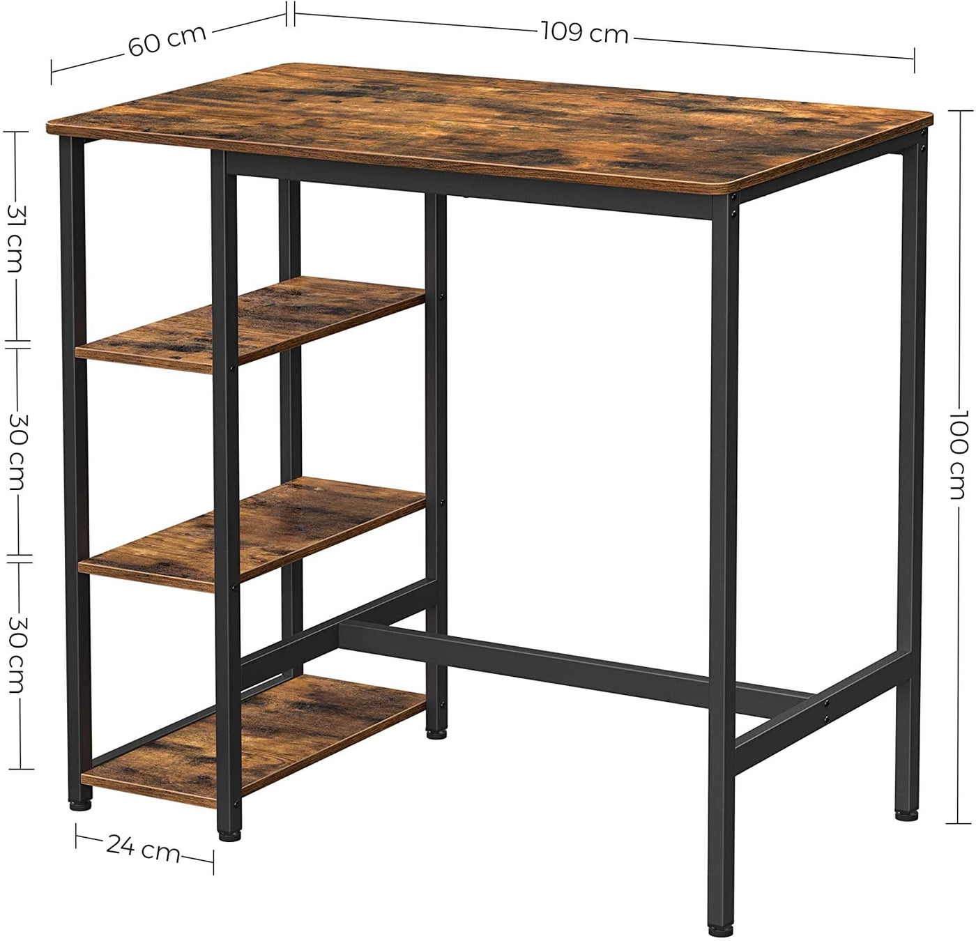 Dining Table with 3 Shelves and Industrial Style Stable Steel Structure, 109 x 60 x 100 cm, Rustic Brown