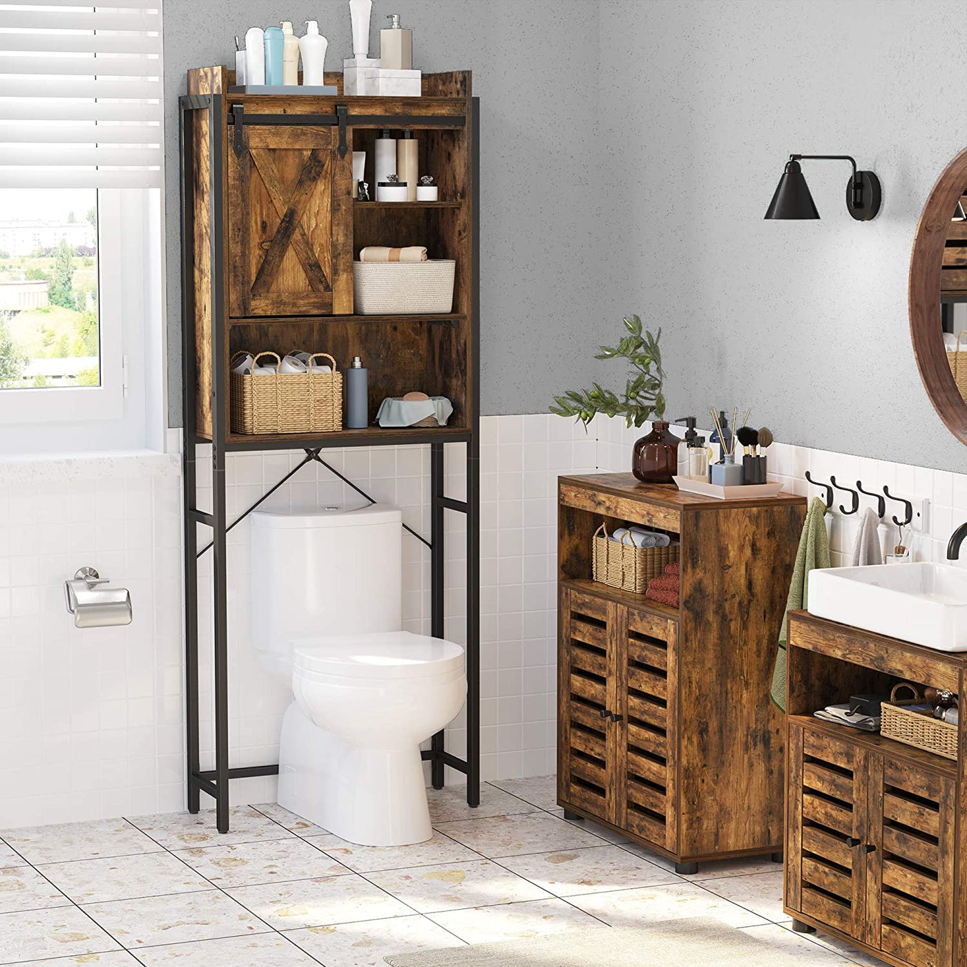 Bathroom Organiser Rack with Small Cabinet Steel Frame 64 x 24 x 171 cm Rustic Brown and Black