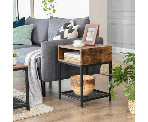 Side Table with Open Compartment and Mesh Shelf Rustic Brown and Black