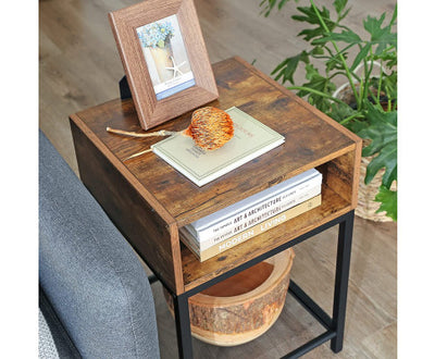 Side Table with Open Compartment and Mesh Shelf Rustic Brown and Black