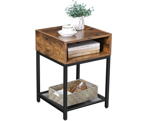 Side Table with Open Compartment and Mesh Shelf Rustic Brown and Black