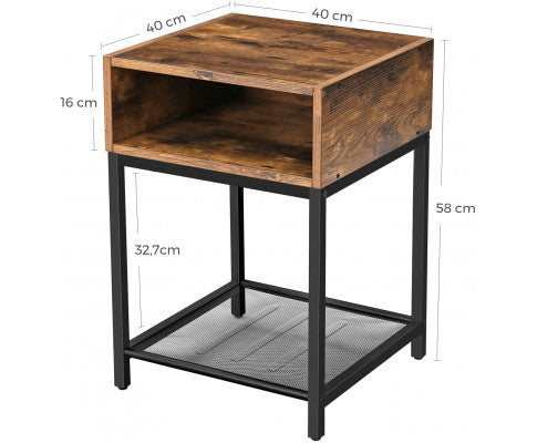 Side Table with Open Compartment and Mesh Shelf Rustic Brown and Black