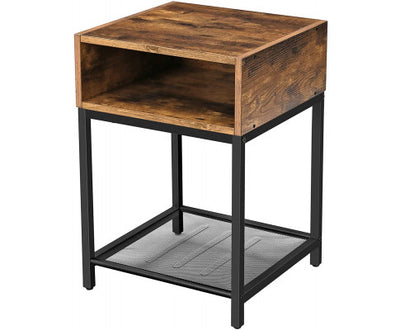 Side Table with Open Compartment and Mesh Shelf Rustic Brown and Black