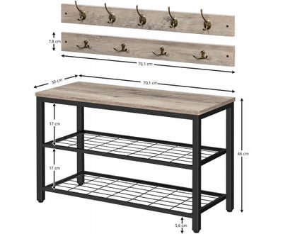 Industrial Design Entryway Shoe Rack with Coat Hooks Organizer (Grey)