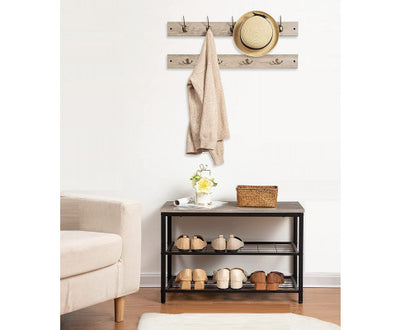 Industrial Design Entryway Shoe Rack with Coat Hooks Organizer (Grey)